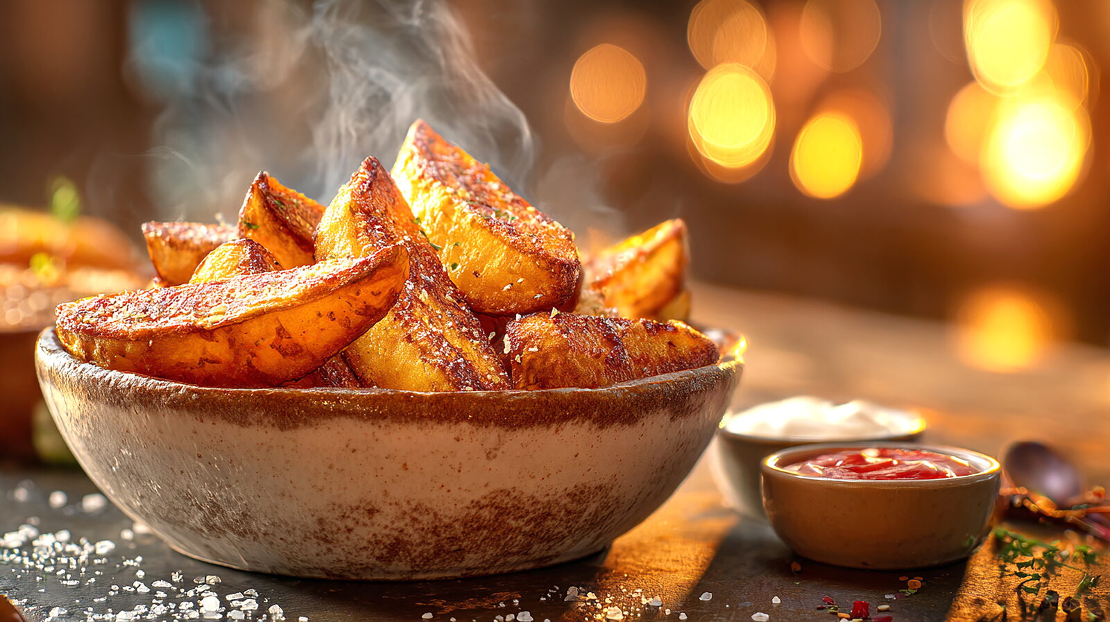 Crispy Roasted Potato Wedges in Rustic Bowl