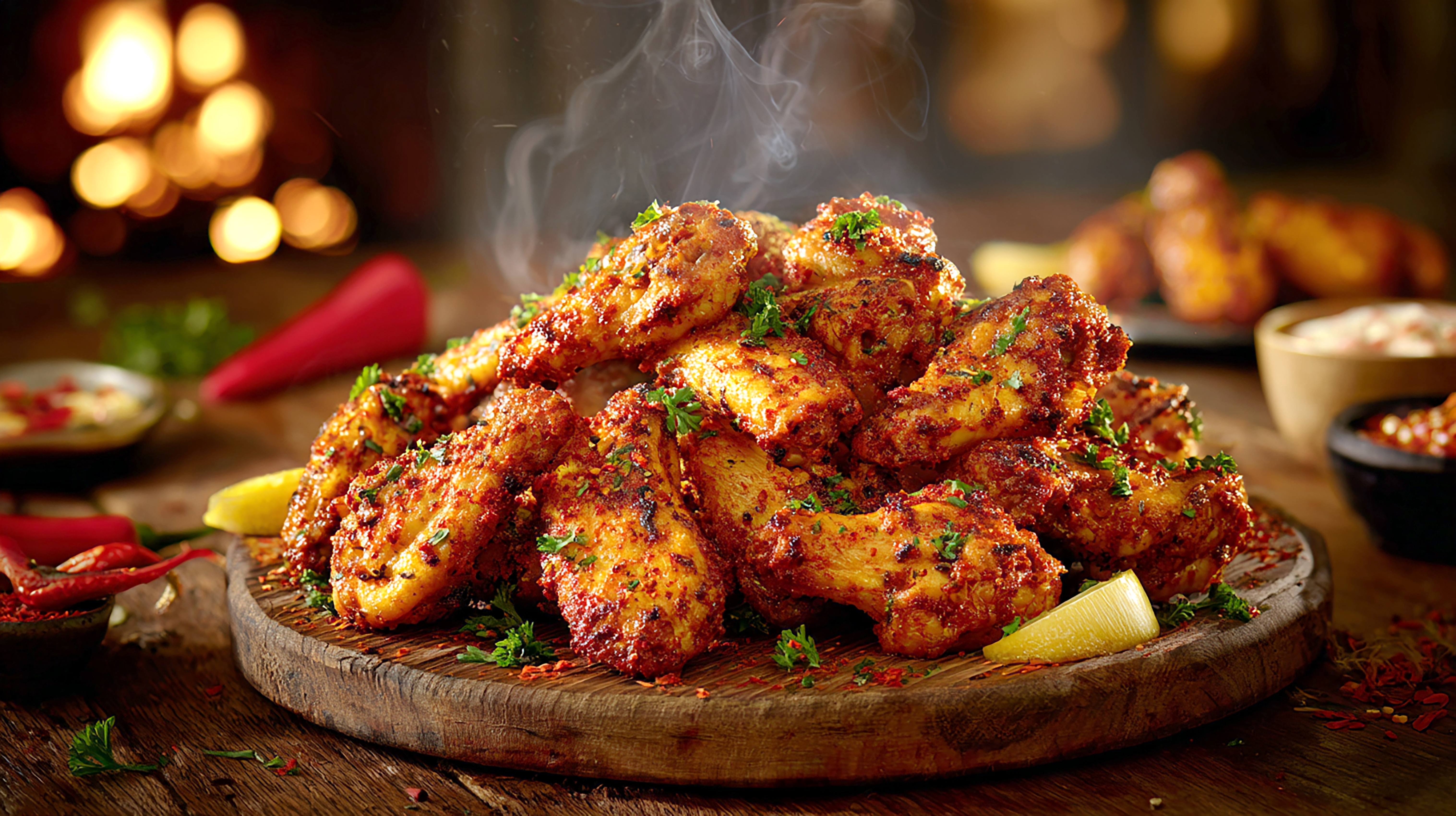 Fresh Hot Cajun Spiced Chicken Wings on Rustic Platter with Fire Glow